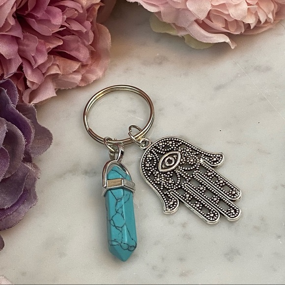 Natural Turquoise Quartz Stone Hamsa Hand Keychain - Picture 3 of 8